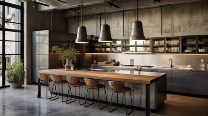 Fototapeta na wymiar A kitchen with a large wooden table surrounded by bar stools for socializing and dining