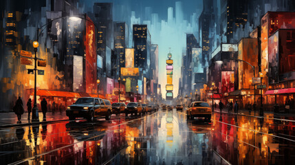 Vibrant Urban Nightscape with Rainy Reflections Painting - obrazy, fototapety, plakaty