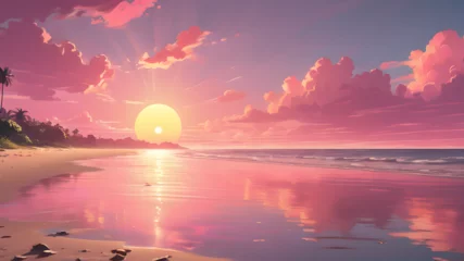 Stof per meter Sunset or sunrise on the beach landscape with beautiful pink sky and sun reflection over the water. Summer vacation background cartoon concept © Muhammad