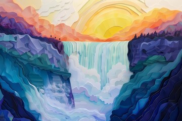 A papercut journey reveals a majestic waterfall cascading down a mountainside, its paper layers capturing the misty spray that creates a rainbow archway - obrazy, fototapety, plakaty