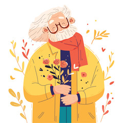 Old man with flower bouquet. Vector illustration - 793879012
