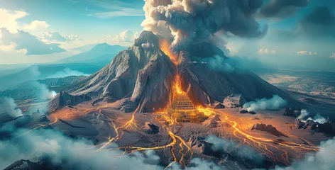 Fotobehang A volcano with a hidden palace within, visible only during eruptions. Generative AI. © visoot