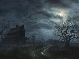 Gothic Farmstead at Dusk moonlit fields