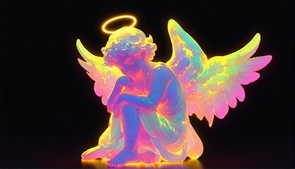 yellow neon light glowing cherub angel statue on plain black background from Generative AI