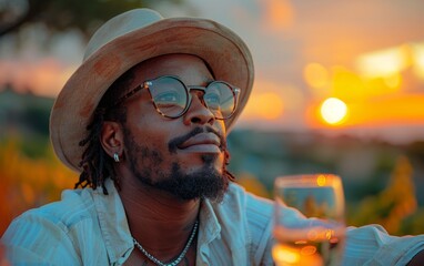 A man wearing a hat and glasses is looking at the camera while holding a wine glass. The scene is set at sunset, creating a warm and relaxed atmosphere