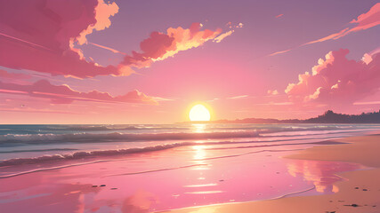 Sunset or sunrise on the beach landscape with beautiful pink sky and sun reflection over the water....