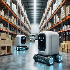 Delivery robots with sensors parked in modern spacious warehouse with goods in shelves for shipment against blurred interior created with generative ai - obrazy, fototapety, plakaty