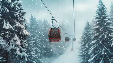 Gondola lift in ski resort in winter forest during sno