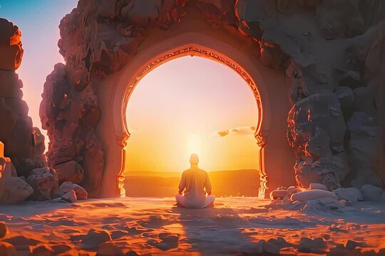 Ramadan Reverence, Muslim Man in White Shirt Engaged in Prayer Amidst a Pious Atmosphere.