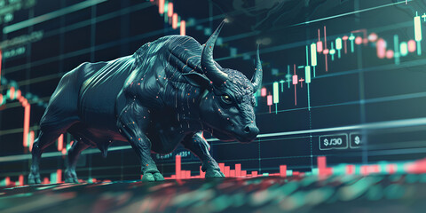 Bull standing in front of a green graph background symbolizing bullish market trends and trading on the stock exchange
