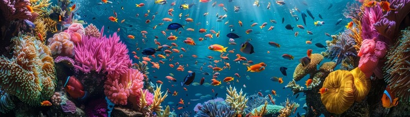 A vibrant coral reef teemed with life under a shimmering summer sun, schools of fish shimmering with every color imaginable creating a breathtaking underwater spectacle