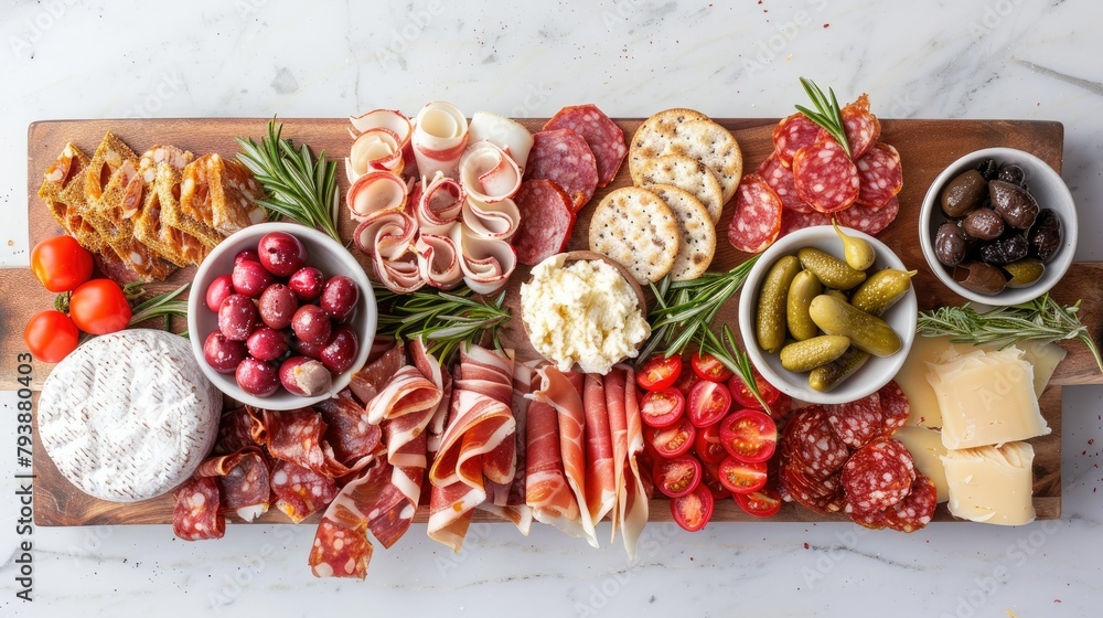 Poster Elevate your Valentine s Day celebration with a charming charcuterie board displayed against a rustic backdrop set against a scenic white marble background Ample space for your creative tou