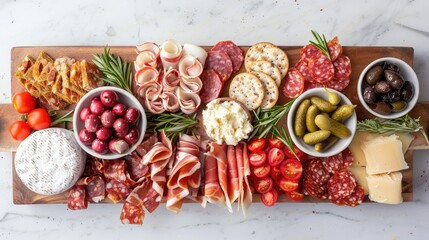Elevate your Valentine s Day celebration with a charming charcuterie board displayed against a rustic backdrop set against a scenic white marble background Ample space for your creative tou - obrazy, fototapety, plakaty