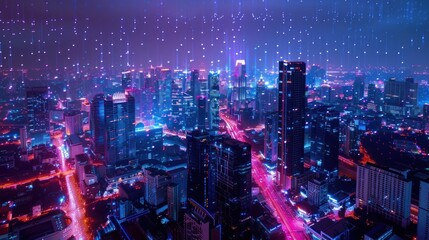 Smart city dot point connect with gradient line, connection technology metaverse night city banner