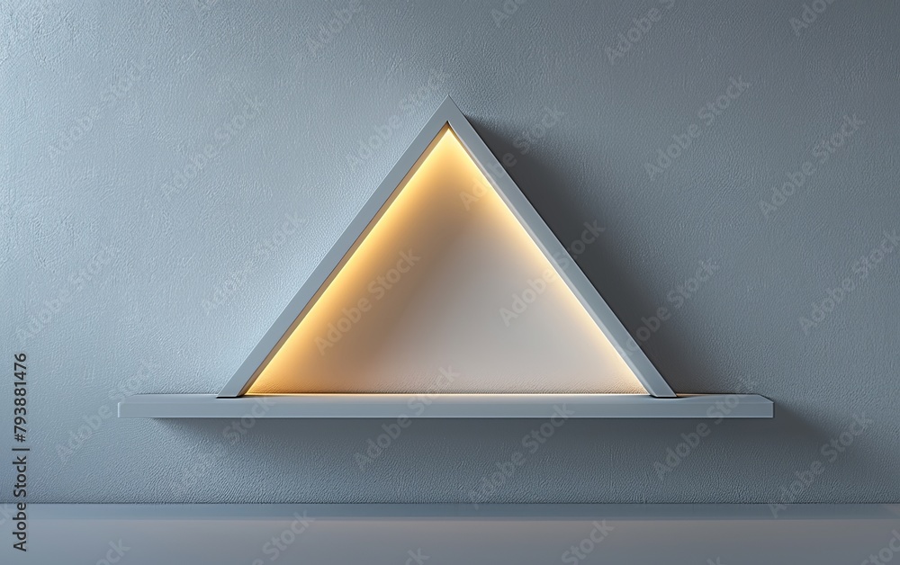 Poster a white shelf with a triangle shape on it. the shelf is lit up with a yellow light