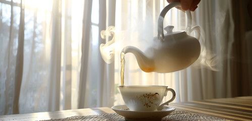 A close-up of a steaming teapot pouring fragrant jasmine tea into a fine bone china cup, with light...