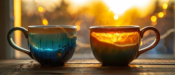 Mood-shift cups, transformative tea ware, magical mugs, dream of cups that change color and pattern with the mood of the drinker A blend of mood ring and morning coffee Photography, Golden hour, Vigne