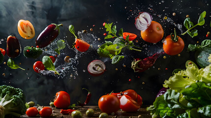 Culinary levitation, prismatic produce defying gravity, pristine olive backdrop, breathtakingly realistic veggie capture