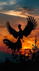 Phoenix, Fiery plumage, Mythical bird rising from ashes with powerful wings, set against a dramatic twilight sky, Photography, Silhouette Lighting, Vignette, Over-the-shoulder shot