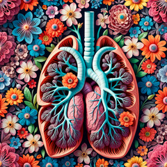 illustration of a human lung composed entirely of an array of vibrant colors. Flowers arranged in shape of human lungs as symbol of healthy life