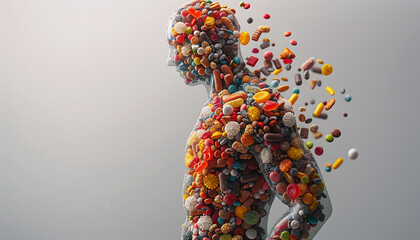 Obese male figure made of candy sweets. Portrait of happy fat plump man anticipating eating sweets, holding bar of chocolate and jar of candies. Concept for sugar and fast food. Unhealthy eating