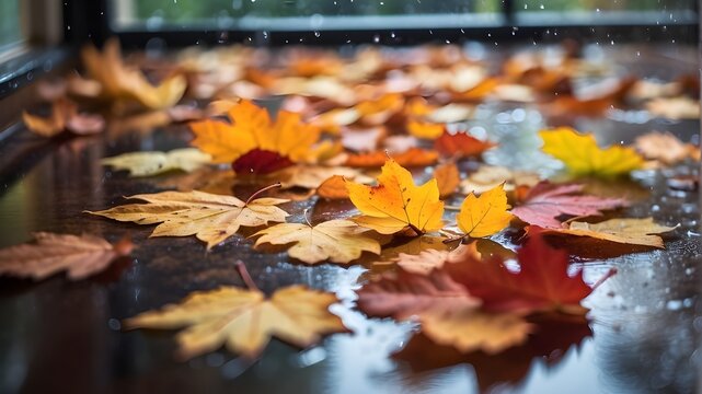 "On a rainy day, outside, raindrops trickle down a window pane covered with autumn leaves. The leaves cling to the glass, showcasing vibrant hues of orange, yellow, and red. The rain creates a glisten