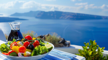 Greek salad with beautiful sea view in Santorini 
