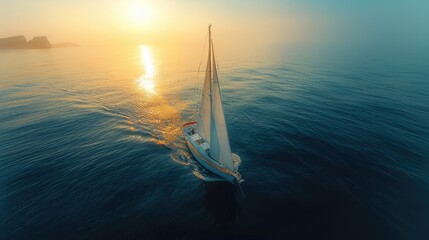Aerial high view of solitary sailboat on the sea, brave and resolute. It sails alone in the vast ocean. Generative AI. - obrazy, fototapety, plakaty
