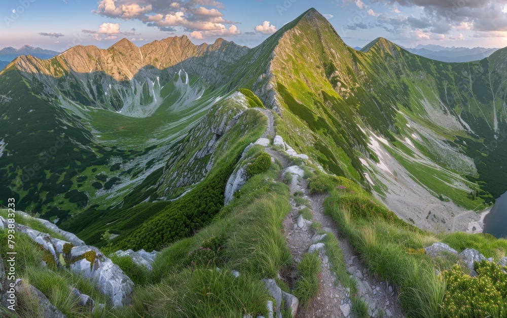 Poster a mountain range with a green peak and a path leading to the top. the sky is cloudy and the sun is s