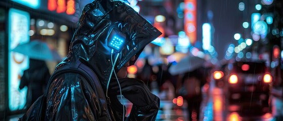 Fototapeta na wymiar Smart Jacket, LED Embedded, Reacts to environment, Urban nightlife, Rainy night, Photography, Backlights effect, Frontal view