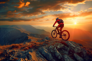 A man is riding a bike on a mountain with a beautiful sunset in the background