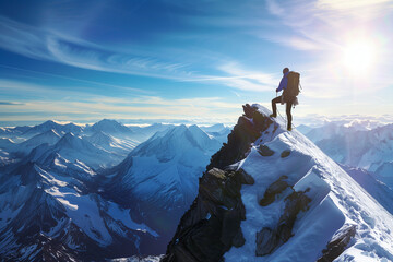 A man is standing on a mountain top with a backpack