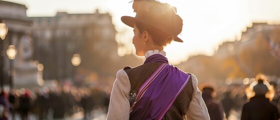 Suffragette, Suffragist Sash, Symbol of Womens Rights, Rallying in Trafalgar Square, Sunny Day, Photography, Golden Hour, Depth of Field Bokeh Effect, Rear view - obrazy, fototapety, plakaty