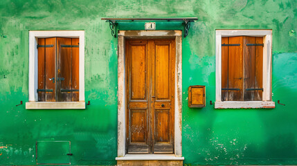Green facade of the house with wooden door and windows