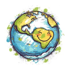 Earth Day / environment protection eco care ecology future recycling, responsibility save concept, travel background illustration - Smiling world globe planet with smiley, isolated on white background