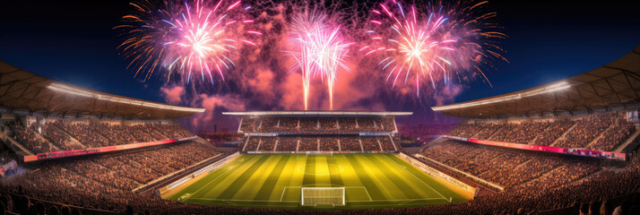 The stadium becomes a stage for a dazzling fireworks extravaganza, captivating spectators with its brilliant bursts of light and sound. - obrazy, fototapety, plakaty