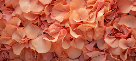 Abstract floral flowers pattern background - peach fuzz  colored hydrangea petals texture, top view