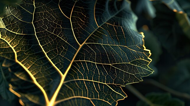 Tree, Leaf, Exploring mathematical patterns in nature, 3D render, Silhouette lighting, HDR, Extreme close-up shot