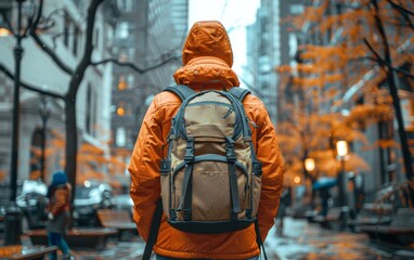 A man wearing an orange jacket and backpack stands in the rain. The scene is set in a city with a mix of buildings and trees. The man is prepared for the weather, as he is wearing a raincoat
