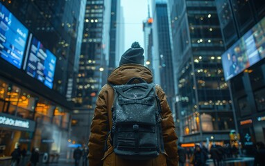 A person wearing a backpack is standing in a city street. The person is wearing a brown coat and a...