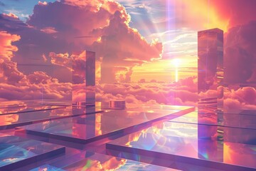 Sunset over the clouds in the sky, abstract background with podiums and sky with clouds