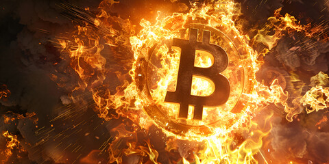 Bitcoin in flames with a dark background 