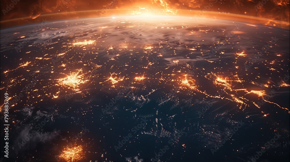 Poster the world on fire wide view from space. generative ai.