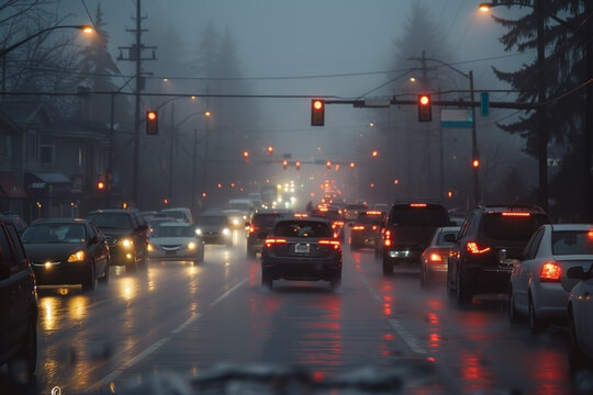 The street full of cars in the evening rainy weather