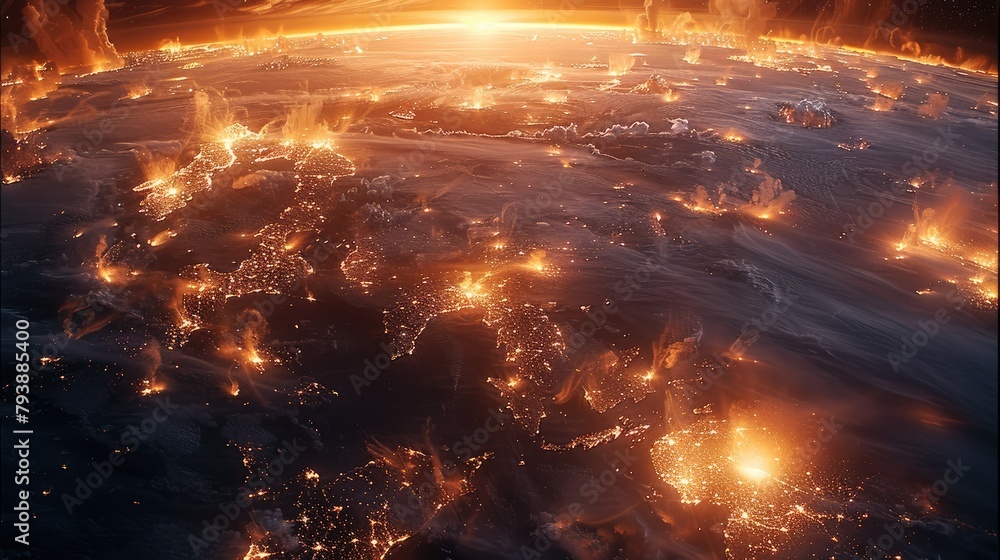 Poster The World On Fire wide View From Space. Generative AI.