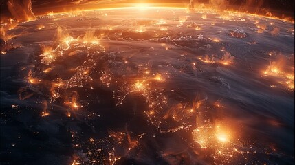 The World On Fire wide View From Space. Generative AI.