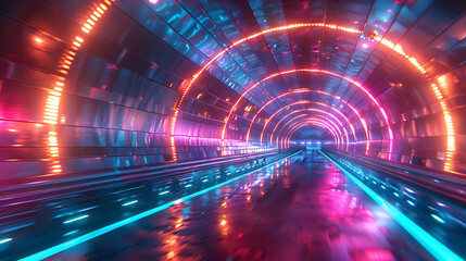 A tunnel with neon lights and a blue and pink color scheme
