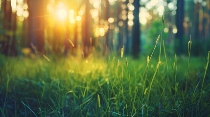 Green grass in a forest at sunset. Blurred summer 