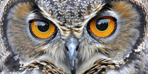 Close-up of a wise owl's face, with its piercing eyes and intricate feather patterns.