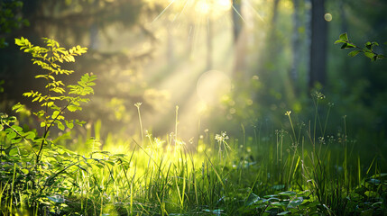 Green grass in the summer forest in the sunlight. 